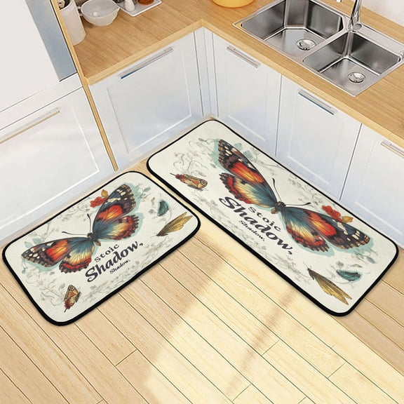 Kitchen Rugs and Mats【2 PCS】Non Skid Colorful Butterfly Poster Creative Kitchen Mat
