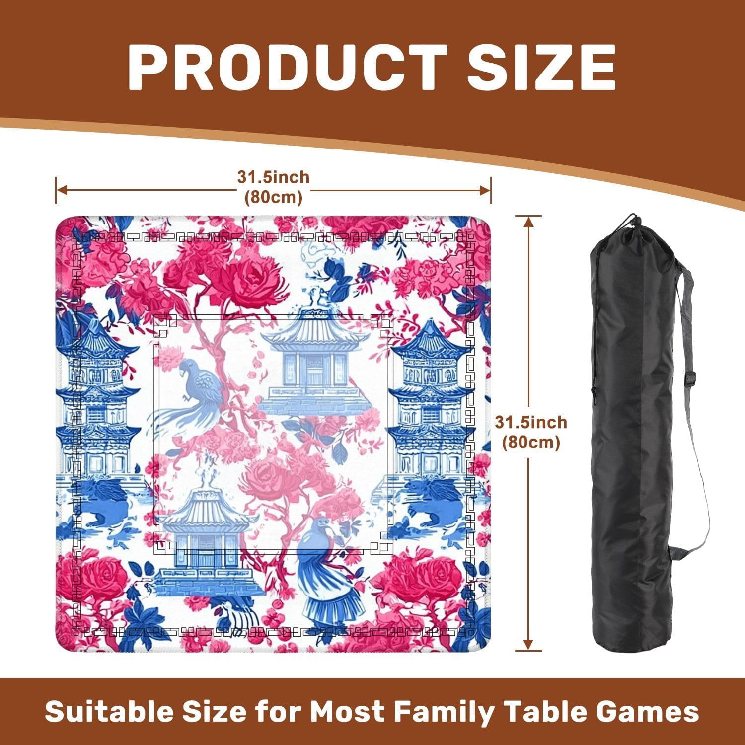 Mahjong Mat 31.5" x 31.5" Pagodas Monkeys Birds Butterflies Blooming Branches Flowers Seamless Non-Slip Noise Reduction Mahjong Tiles Table Cover for Dominoes Poker Card Board and Tile Games Gift