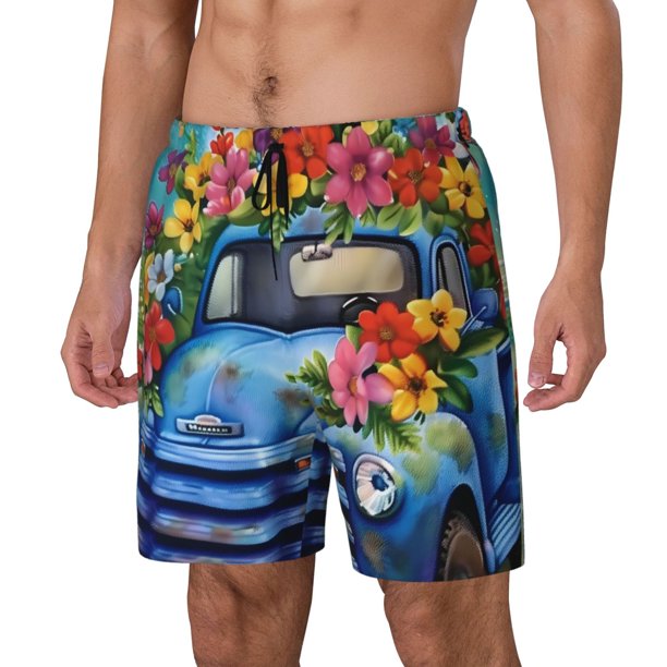 Fotbe Floral Truck Welcome Traje de Baño para Hombre – Shorts de Natación de Secado Rápido con Forro y Bolsillos-Medium