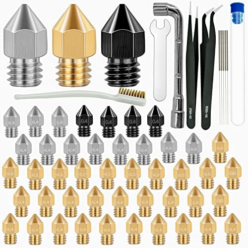 50 Pcs 3D Printer Nozzles Hardened Steel Stainless Steel Brass Printer Extruder Nozzles Set for CR-10, Ender 3 High Temperature Pointed Wear Resistant Mk8 Nozzle Cleaning Kit