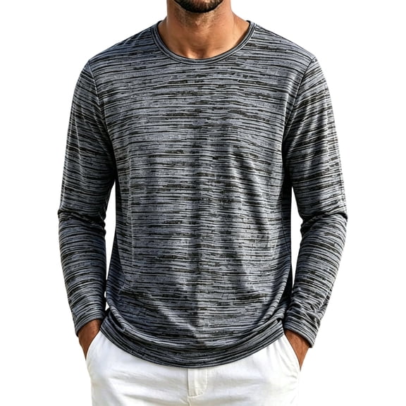 Men's Breathable Quick Dry Long Sleeve Shirt Crewneck Textured Striped Athletic Top for Gym Running Sports