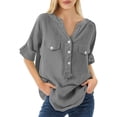 thumbnail image 7 of Pxiakgy Linen Henley Shirts for Women Loose Shirt Solid Color Medium Sleeve Collar Shirt Summer Lightweight V Neck Tops for Women Short Sleeve Plain Tshirts Basic Tees Office Clothes Grey M, 7 of 7