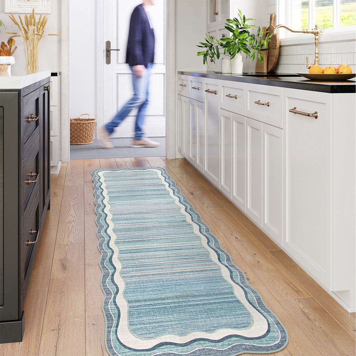Wonnitar 2.6'x8' Scalloped Striped Hallway Runner Rug, Washable Kitchen Runner Rug, Soft Low Pile Blue Indoor Accent Rug for Entryway, Bathroom, Bedroom, Laundry