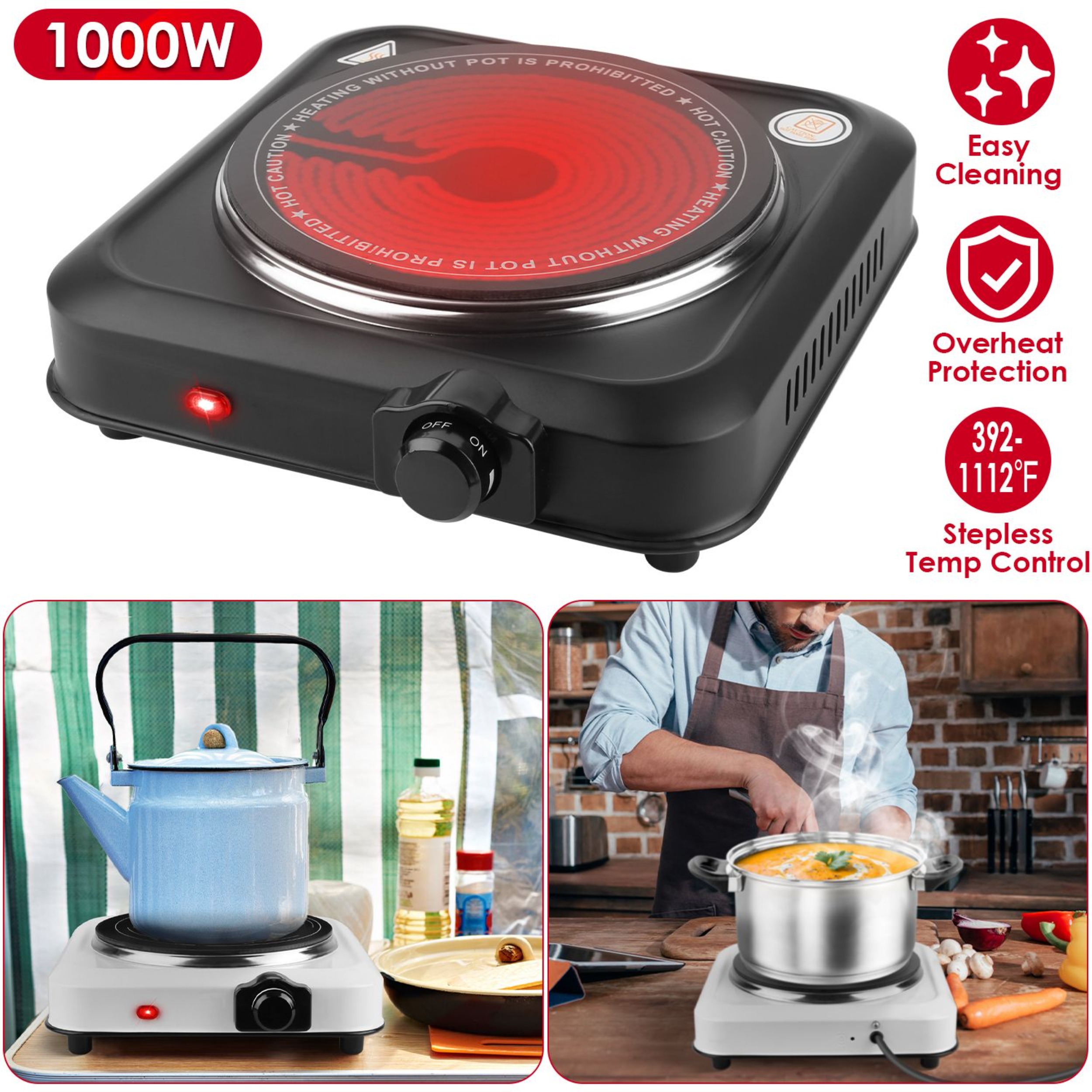 Black Infrared Electric Stove, Portable Electric Cooker, Equipped with A 7.5-inch Glass Cooking Surface, with Adjustable Temperature Control, Suitable for Home Use, Camper Vans and Camping Trips.