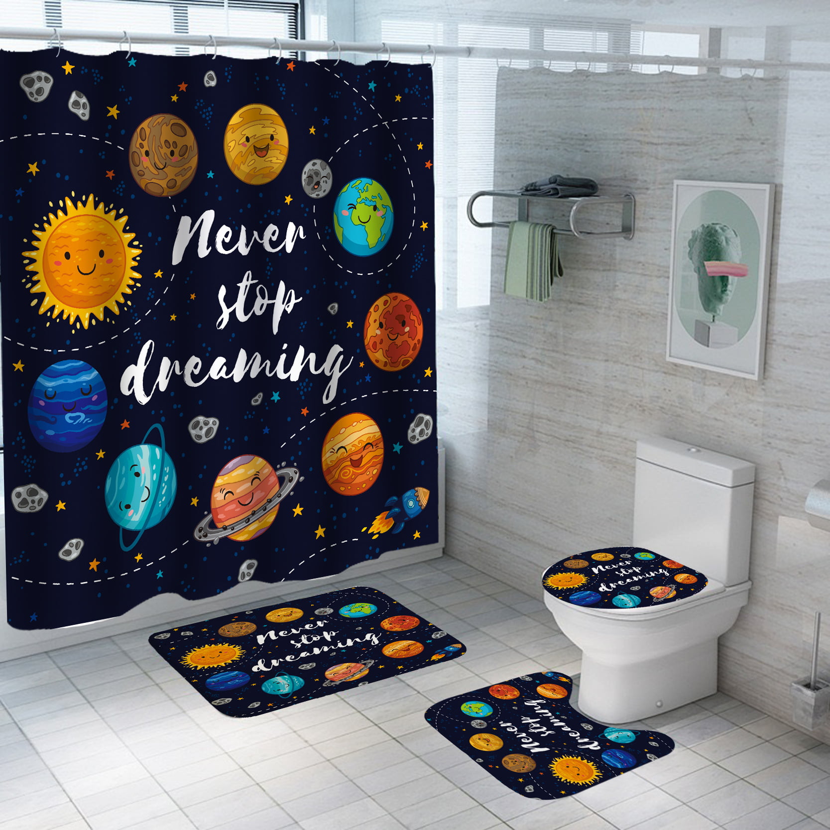 Cosmic Space Planets Shower Curtain Bathroom Waterproof Fabric & 12Hooks 71*71in 