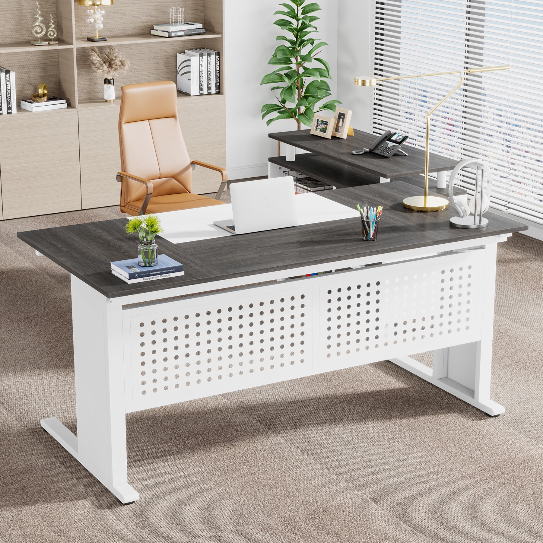 Tribesigns 63 Inch Executive Desk with File Cabinet, L Shaped Computer Desk with Drawers and Storage Shelves, Large Office Desk Business Furniture Desk Workstation for Home Office, Gray and White