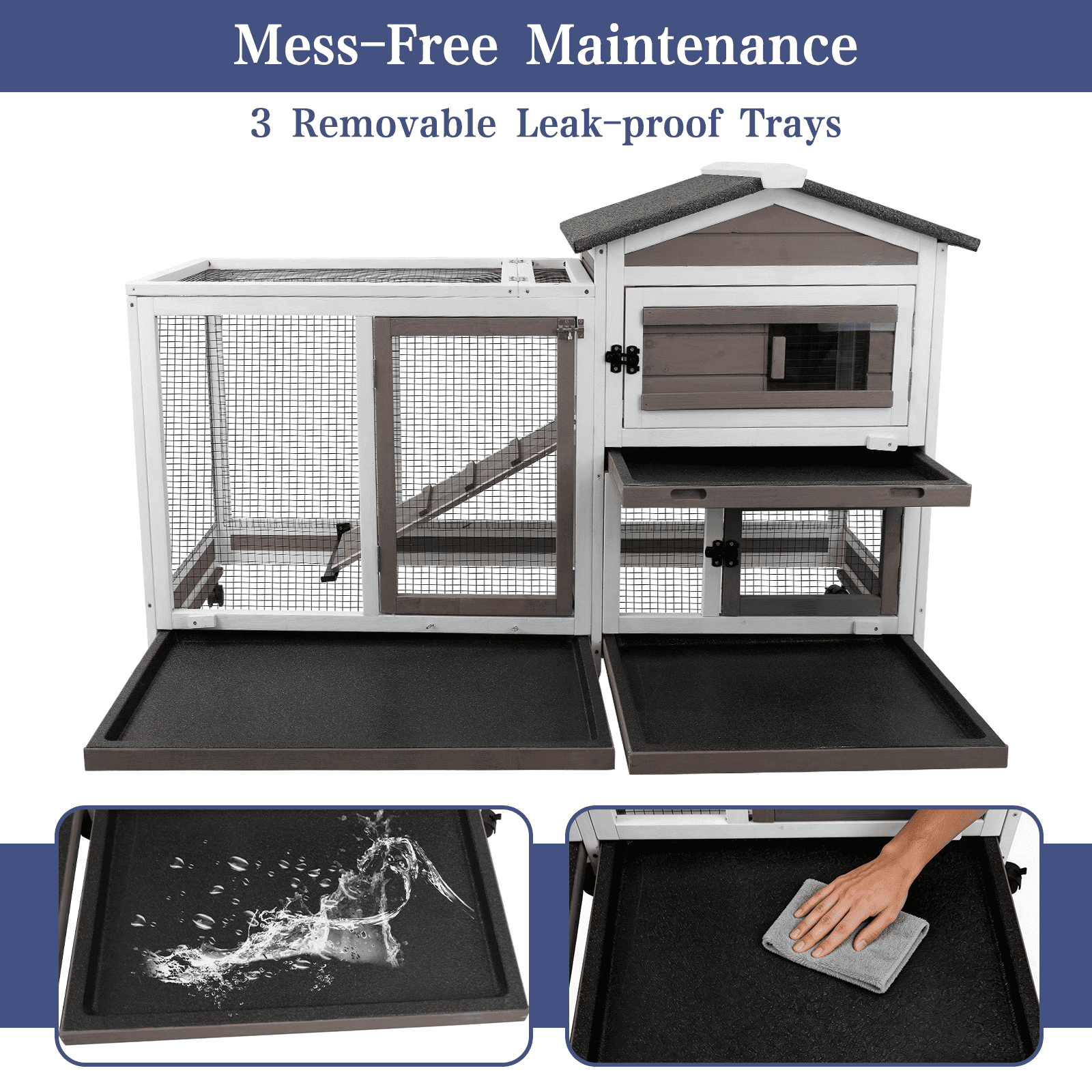 PETSCOSSET 57" L Rabbit Hutch Indoor Outdoor 2 Story Large Bunny Hutch with Run Guinea Pig Cage Wooden Rabbit Cage with Removable 3 Pull Out Trays Pet House for Small-Medium Animals