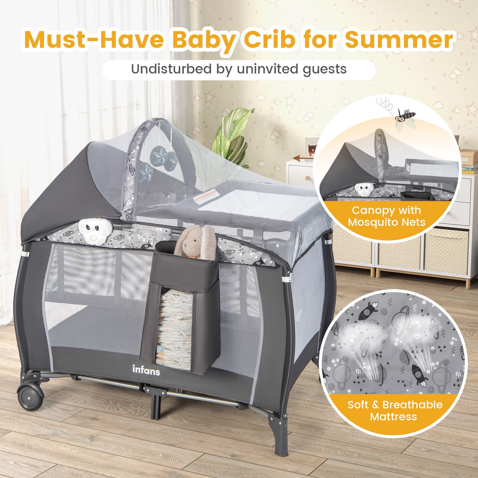INFANS 4 in 1 Pack and Play, Portable Travel Baby Playard with Bassinet, Changing Table, Canopy, Mosquito Net, Hanging Toys, Music Box, Storage Bag, Large Playpen from Newborn to Toddlers