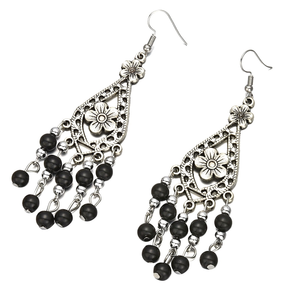 Fashion Womens White Lace Chandelier Bead Dangle Drop Silver-Tone Hook Earrings