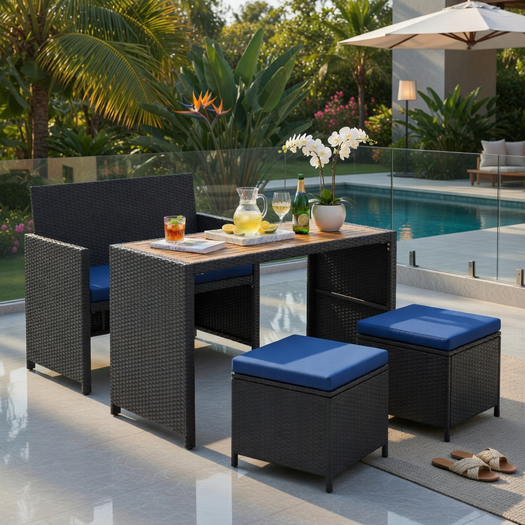 Hommoo 4-Piece Outdoor Dining Set, Acacia Wood Table, PE Rattan Loveseat & 2 Matching Ottomans for Patio, Backyard, Poolside, Navy