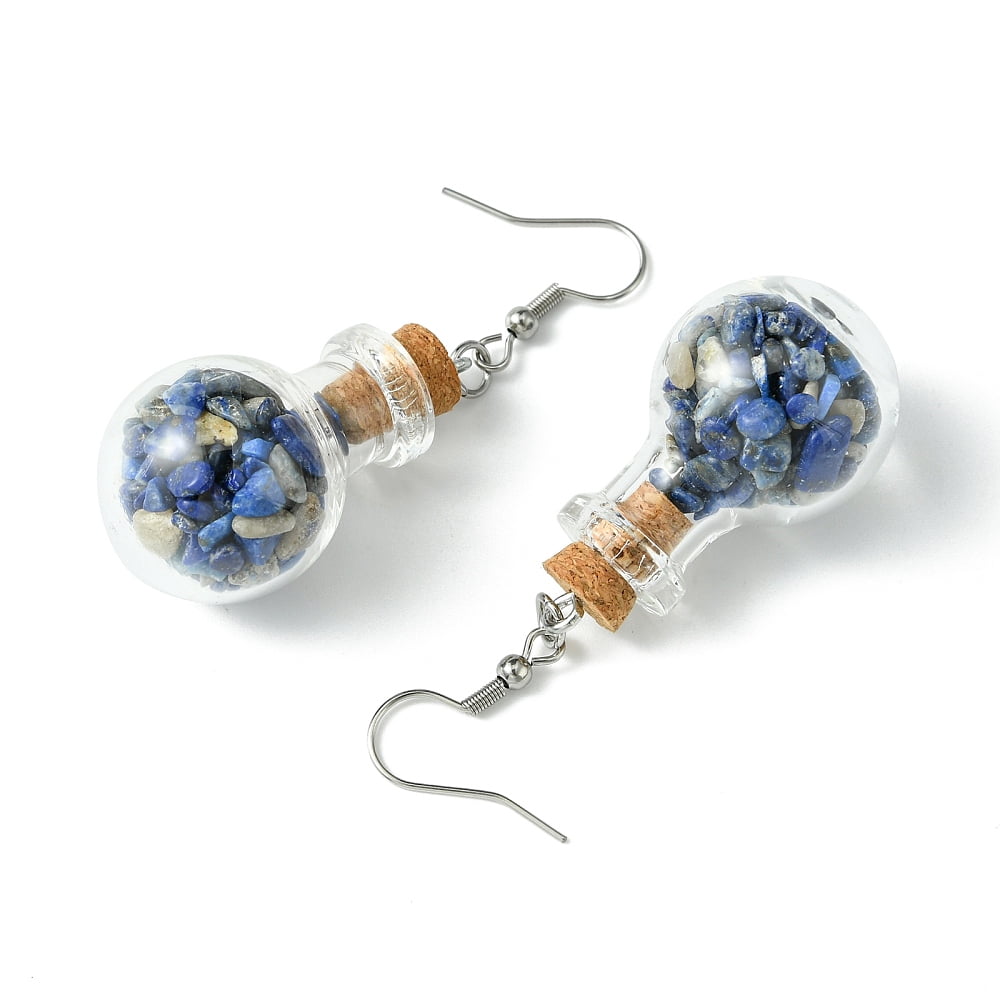 Natural Gemstone Chip Beads with Hole Inside Glass Bottle Dangle Earrings with 304 Stainless Steel Earring Hooks 52mm Pin: 0.7mm
