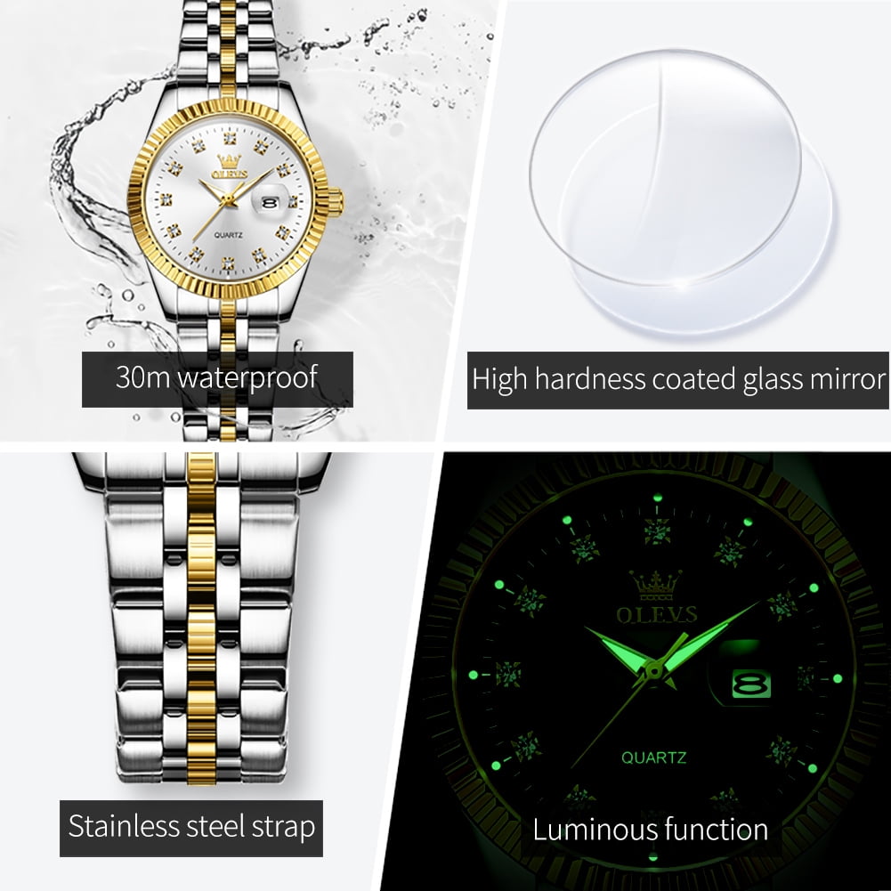 OLEVS Watches for Women Diamond with Date Luxury Female Waterproof Women Wrist Watch Analog Dress Quartz Stainless Steel Ladies Watch Luminous Calendar Women Watch Reloj para Mujer
