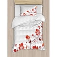 thumbnail image 3 of Chinese Duvet Cover Set Queen Size, Chinese Traditional Purity Symbol Blossoms with Curved Lace Like Branch and Leaves, Decorative 3 Piece Bedding Set with 2 Pillow Shams, Red White, by Ambesonne, 3 of 3