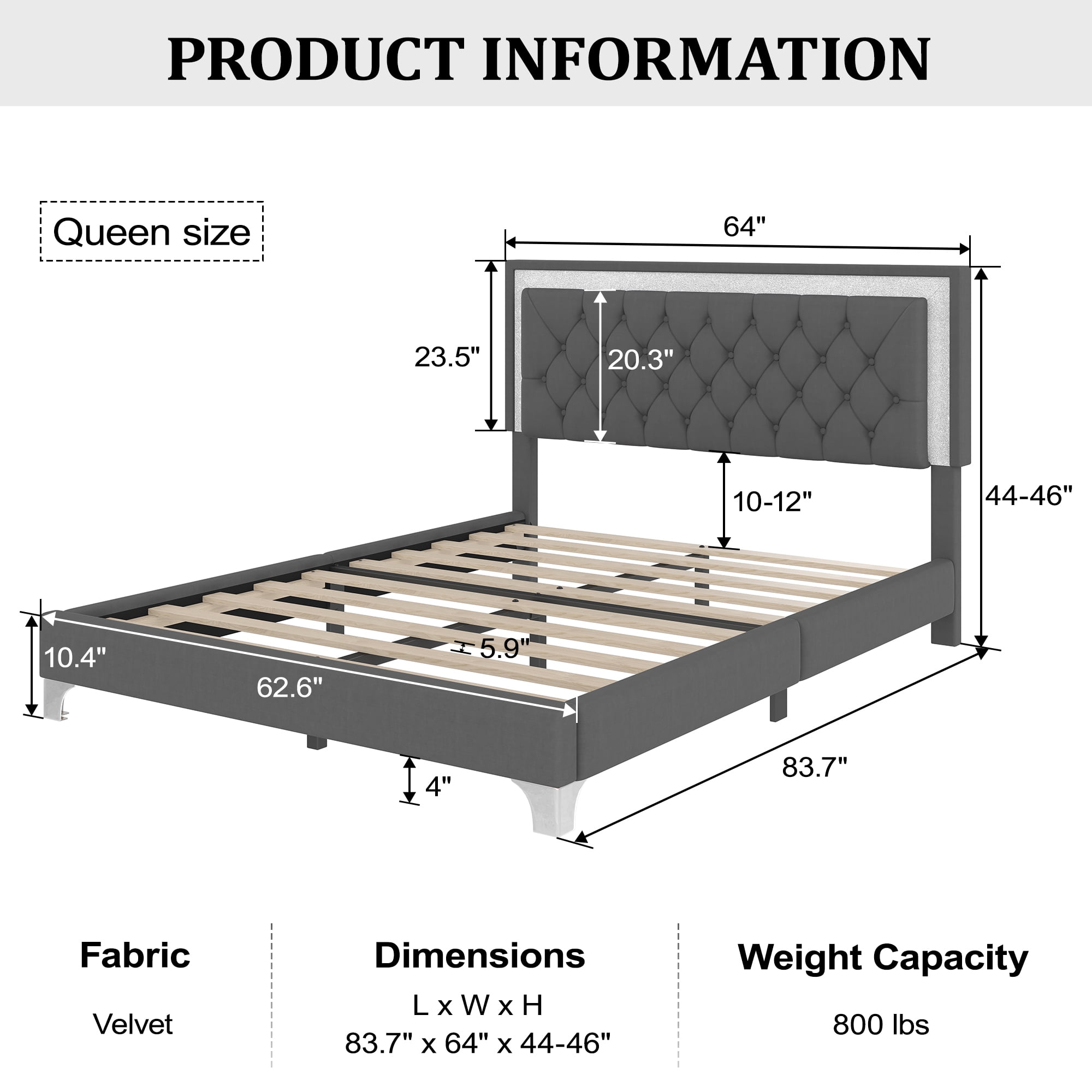 FFZ Velvet Upholstered Queen Platform Bed Frame with LED Lights Tufted Headboard, Gray