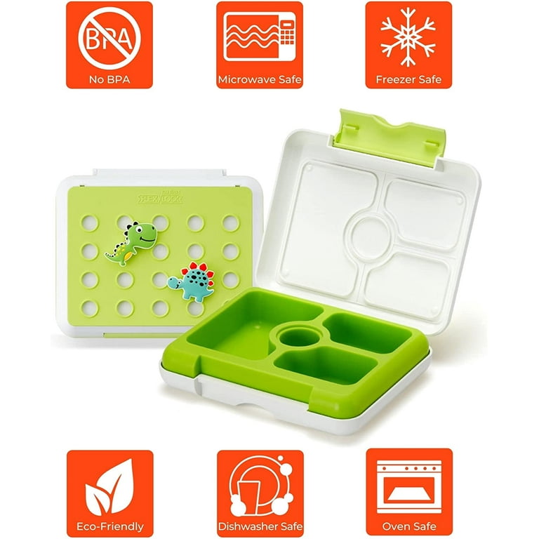 Flexnlock Kids Platinum Silicone Food Tray Lunch Box Set With Accessories -  Leak Proof, Clean Lid Design, Microwavable, Dishwasher Safe, Freezer Safe,  and BPA-Free/ Dinosaur (Green) 