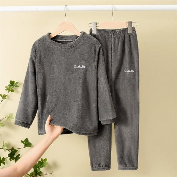 Children's Pajamas Warm Solid Color Set Boys and Girls Children's Home Wear Soft Fuzzy Homewear with Sweatpants Size 7-8 Years