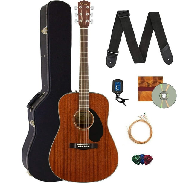 Fender CD-60S Guitarra acústica Dreadnought con parte superior sólida, paquete de caoba con estuche rígido, afinador, correa, cuerdas, púas y DVD instructivo de Austin Bazaar