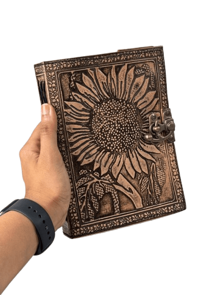 Handmade Sunflower Leather Journal – 5x7 Inch – 200 Pages – Vintage Lock – Handmade Paper