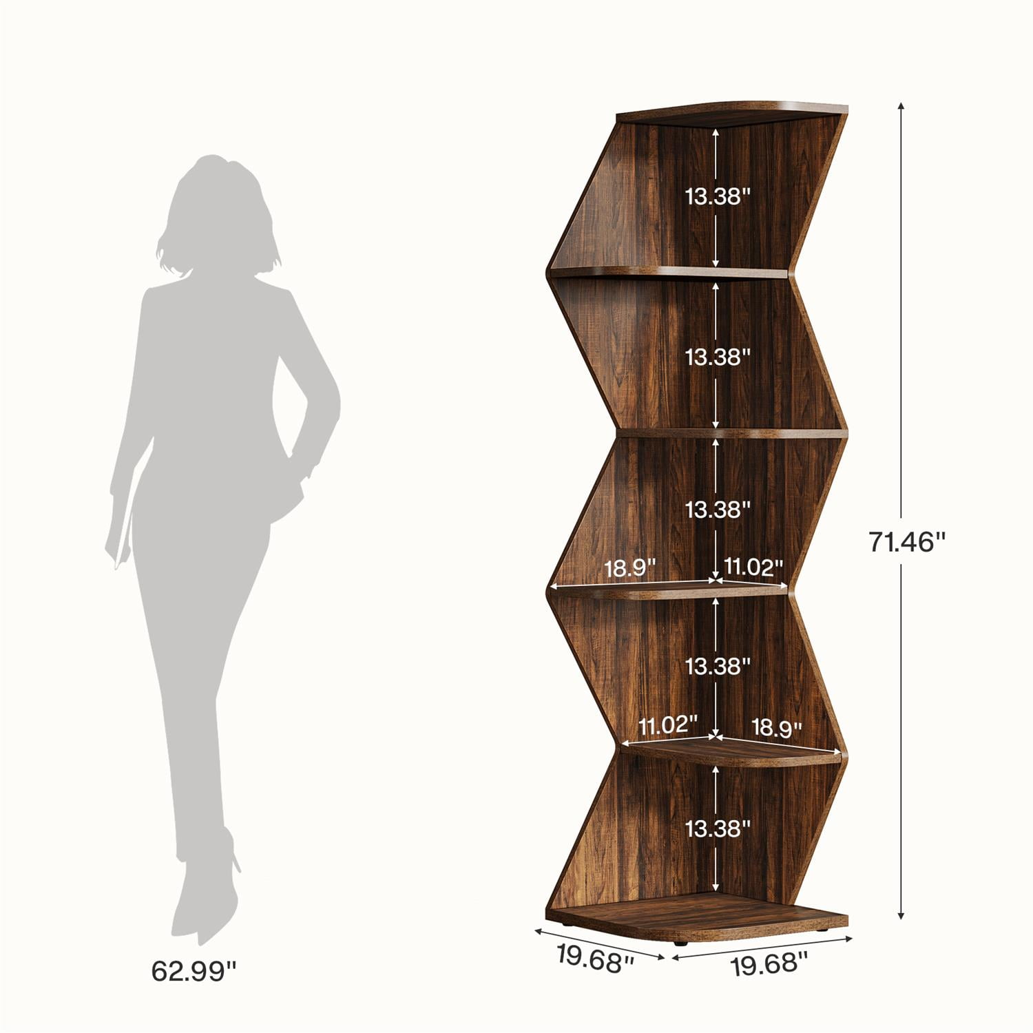 Demi Bonn 5-Level Corner Shelf, 71.5" Corner Bookcase with Open Storage, Expandable Bookshelf for Living Room, Brown