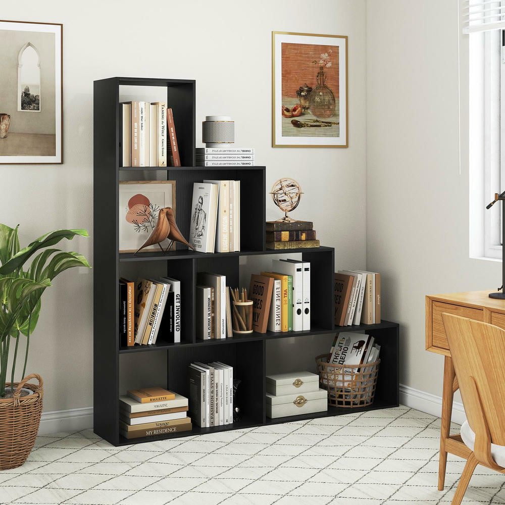 Resenkos 4-Tier Modern Stepped Bookshelf - 6 Storage Cubes, Perfect for Living Room, Black