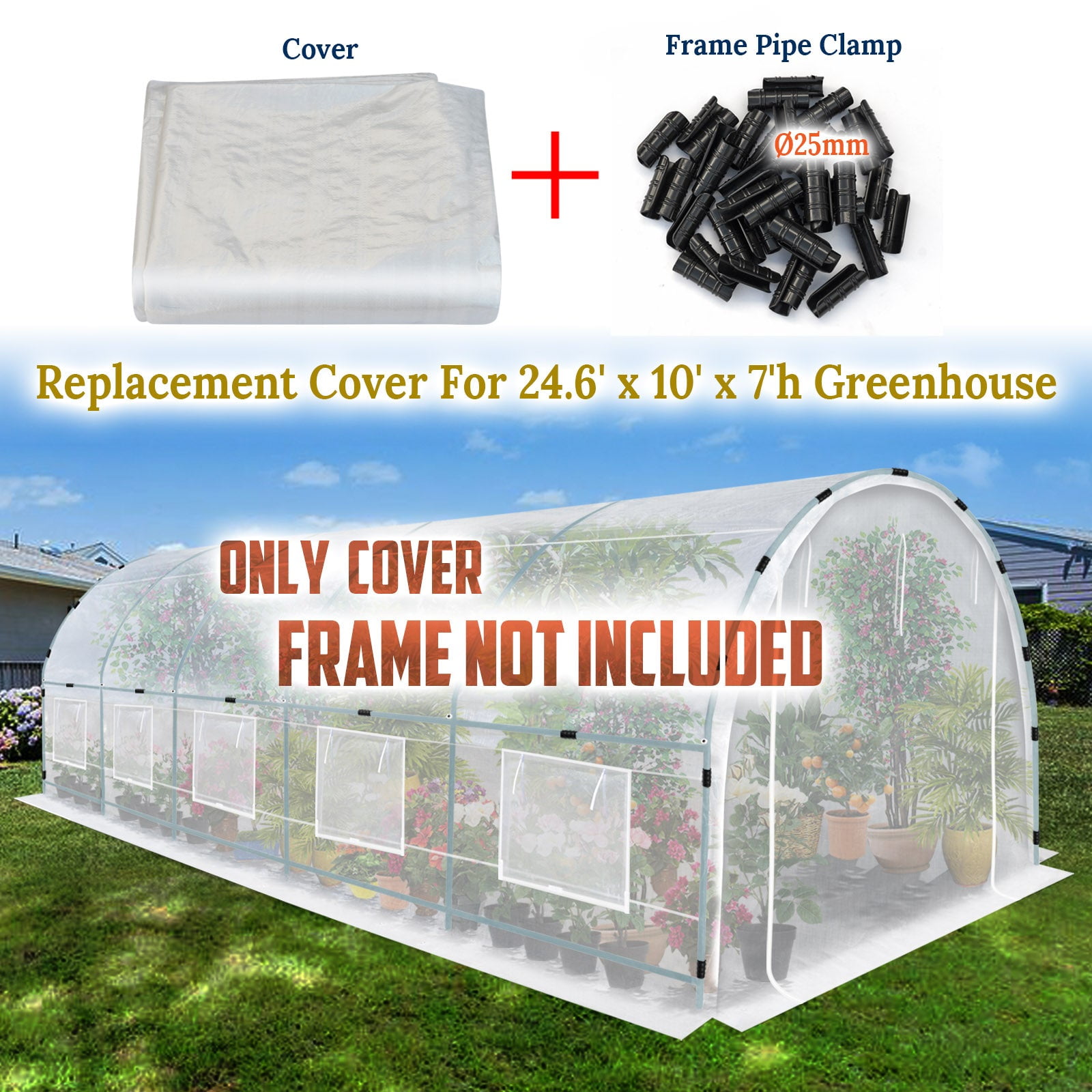 SUNRISEUMBRELLA Half-Transparent Greenhouse 3Pcs Cover Replacement ONLY Larger Walk in Outdoor Plant Garden, Frame NOT included（24.6x10x7 FT）