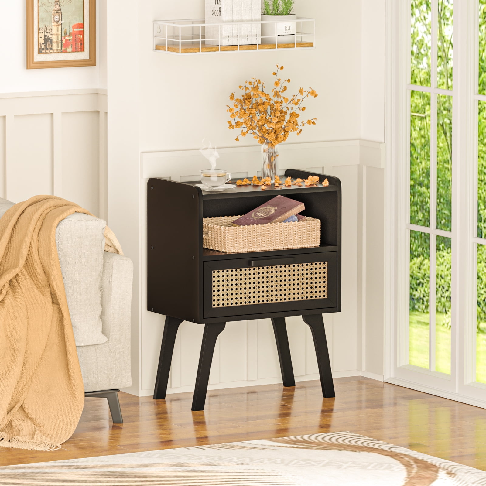LEYAOYAO 2pc Rattan Nightstand, Modern Wicker Bedside Table with 1 Drawer & Tapered Legs, Boho Tea Color for Small Spaces, Black New