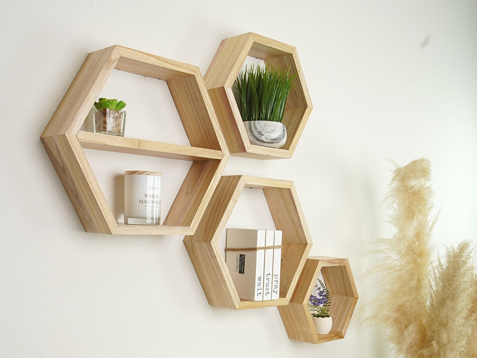 Geometric Hexagon Honeycomb Natural Wood Floating Shelves (4 Count)