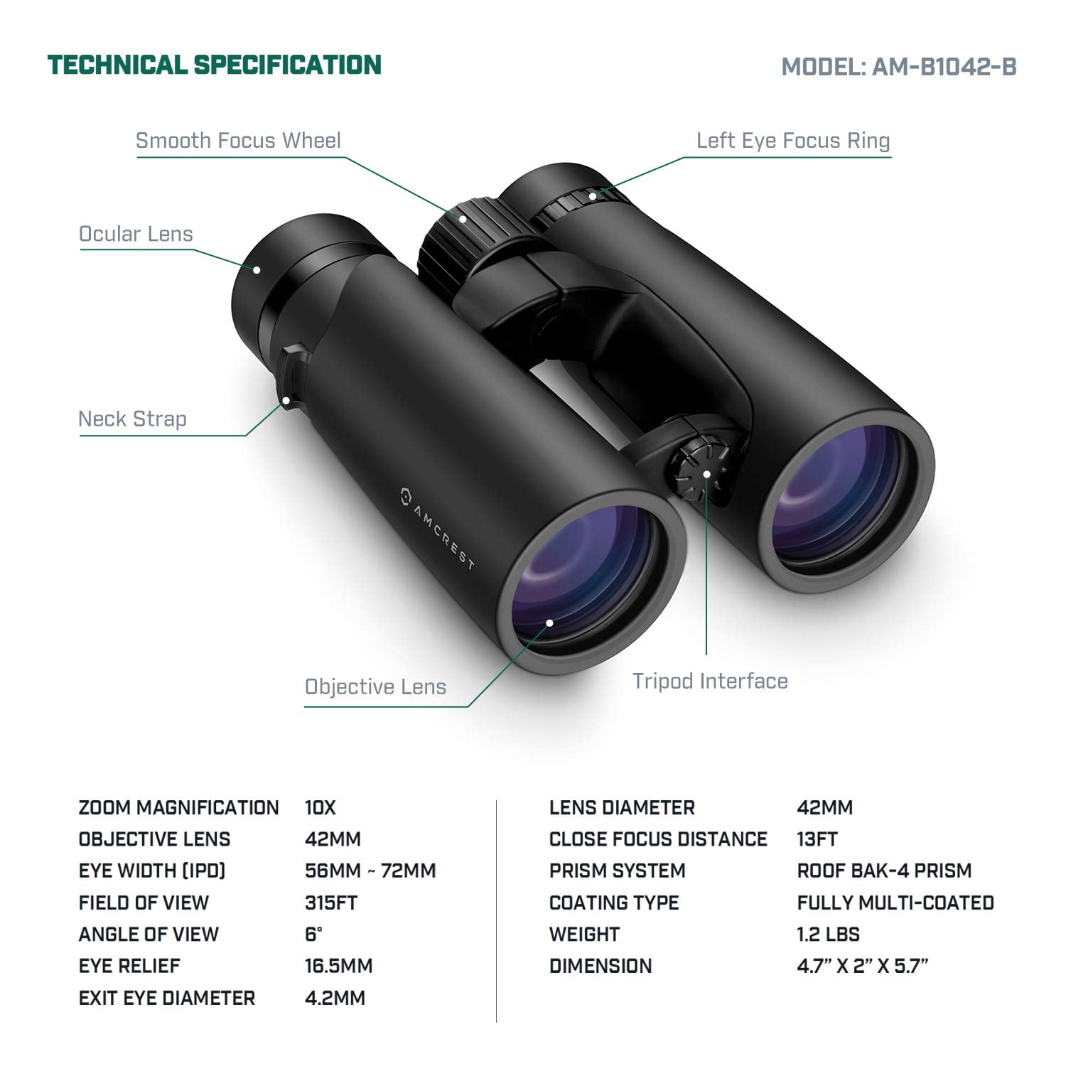 Amcrest 10x42 Roof Prism Binoculars for Adults, HD Professional Binoculars for Bird Watching, Travel, Stargazing, Hunting, Concerts, Sports, BAK-4 Prisms, Smart Phone Adaptor for Photography