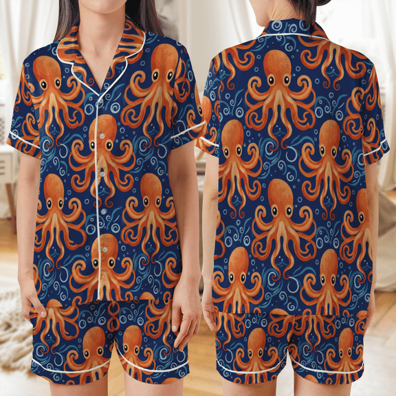 Lotusprinthandmade Octopus All-over Print Satin Short-Sleeve Pajamas Set (No Pocket) (S)