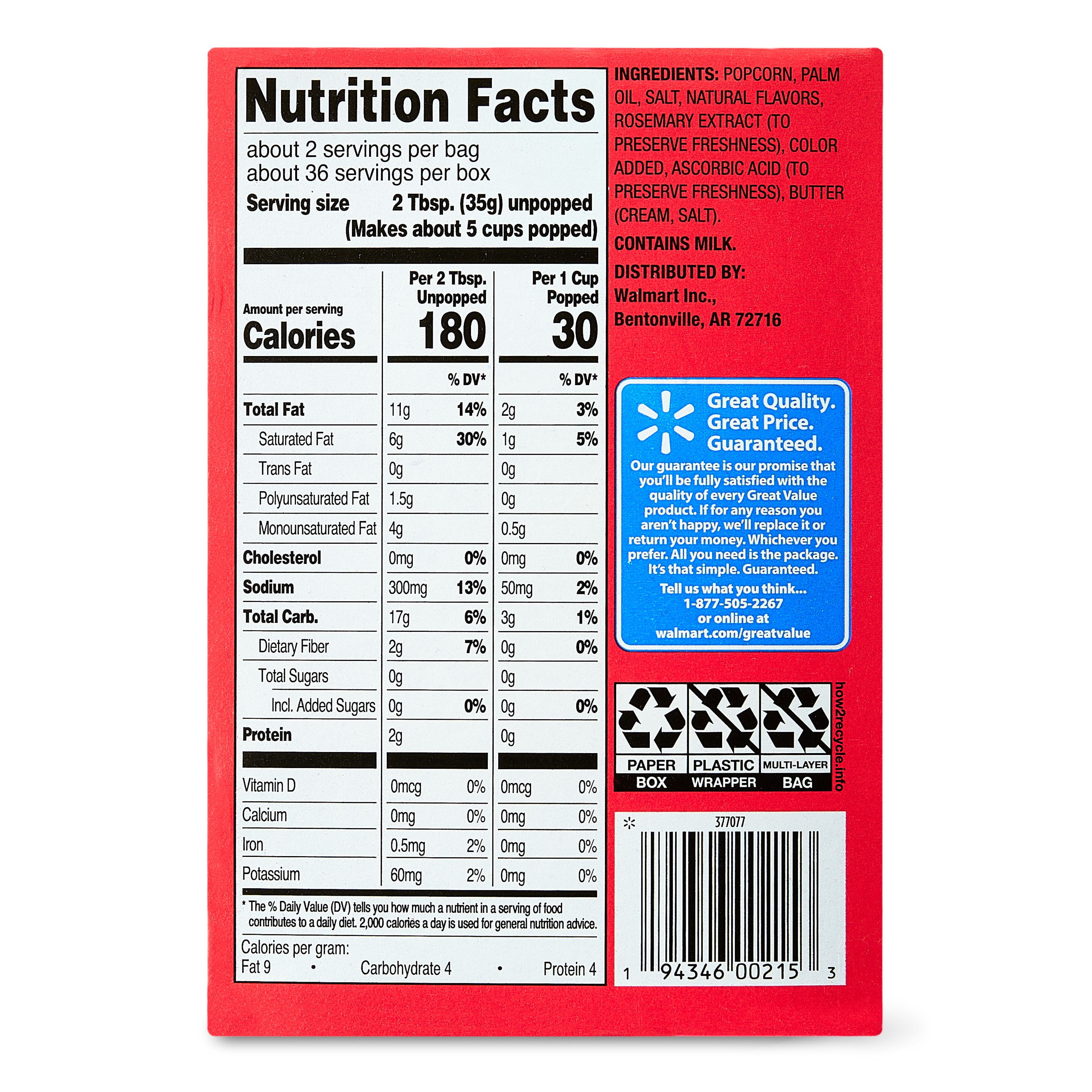 (4 pack) Great Value Extra Butter Flavored Microwave Popcorn, 2.55 oz, 18 Count