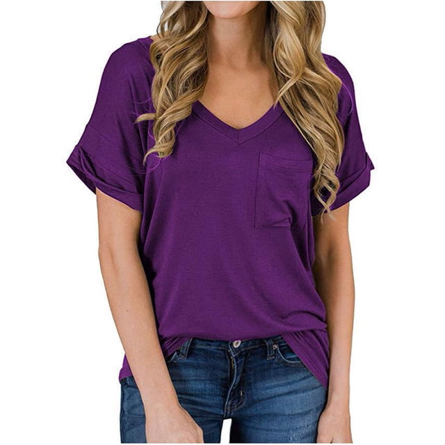 Hauts à Manches Courtes pour Femmes Hauts Unis à Manches Courtes Col en V Décontracté avec Poches T-Shirt Hauts Décontractés pour Femmes