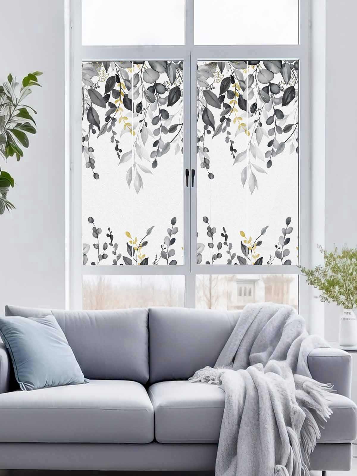 Static Cling Door Window Covering, Gray Eucalyptus Leaves Window Privacy Film Frosted, Farmhouse Botanical Watercolor UV Blocking Windows Film for Office, Hotel, Bedroom, 29.5 x 78.7 Inches