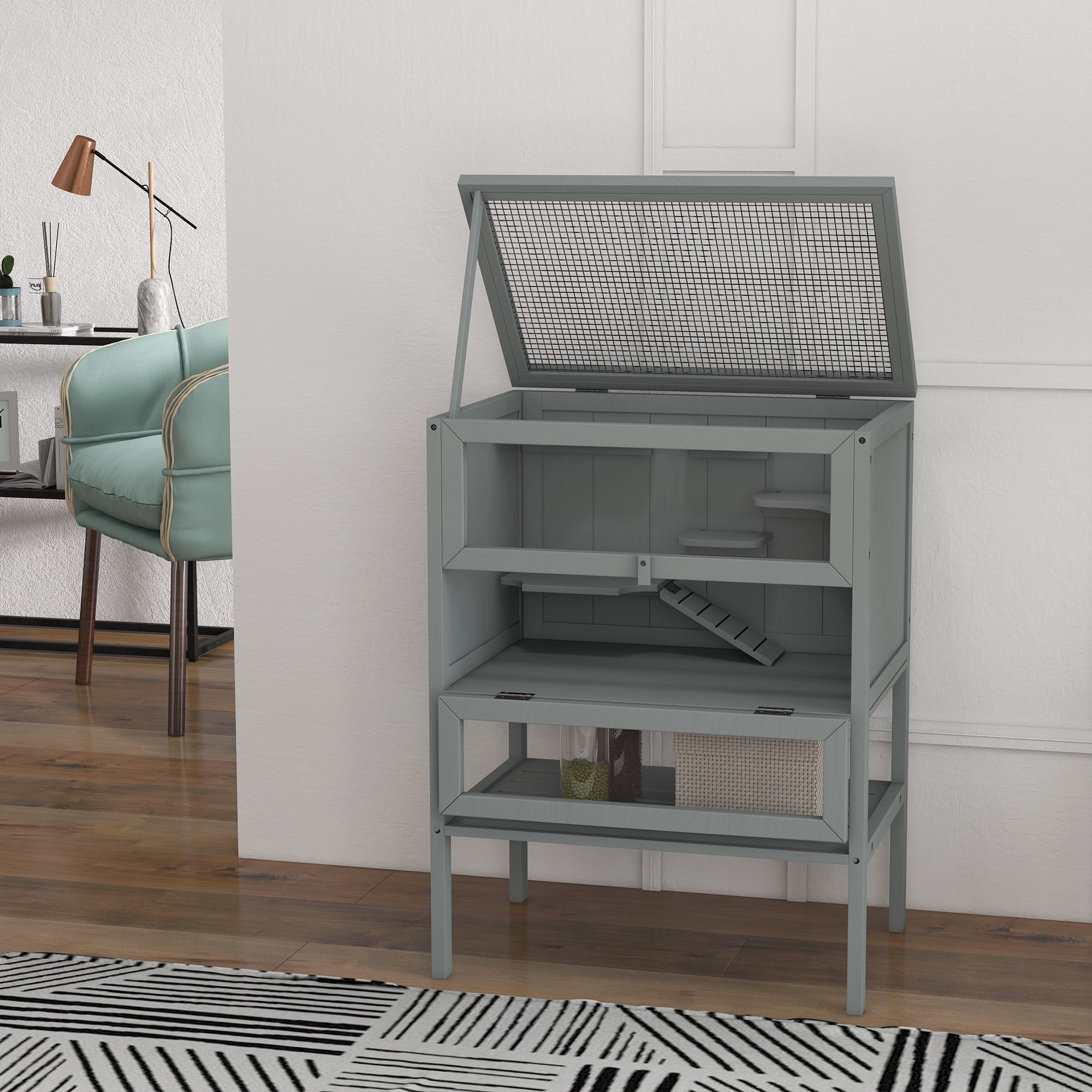 3-Tier Wooden Hamster Cage Mice and Rat Cage Small Animals Hutch with Openable Top, Front Door, Storage Shelf, Gray
