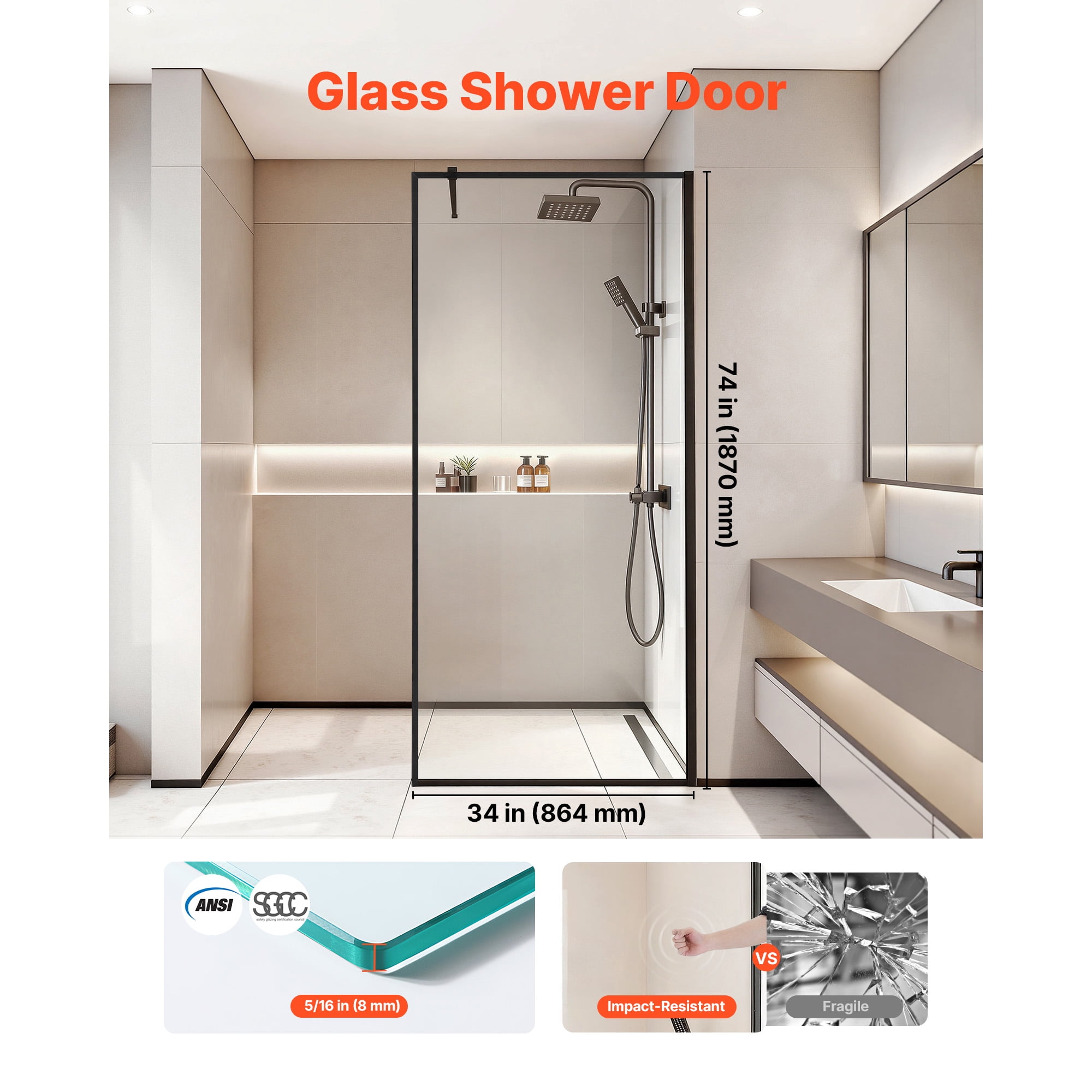 KFFKFF Fixed Glass Shower Panel, 34 x 73.6 in Full-Framed Shower Screen, 5/16 in Thick Clear Tempered Glass with Bottom Seal Strip and Hardware, Easy to Maintain, for Bathroom, Matte Black