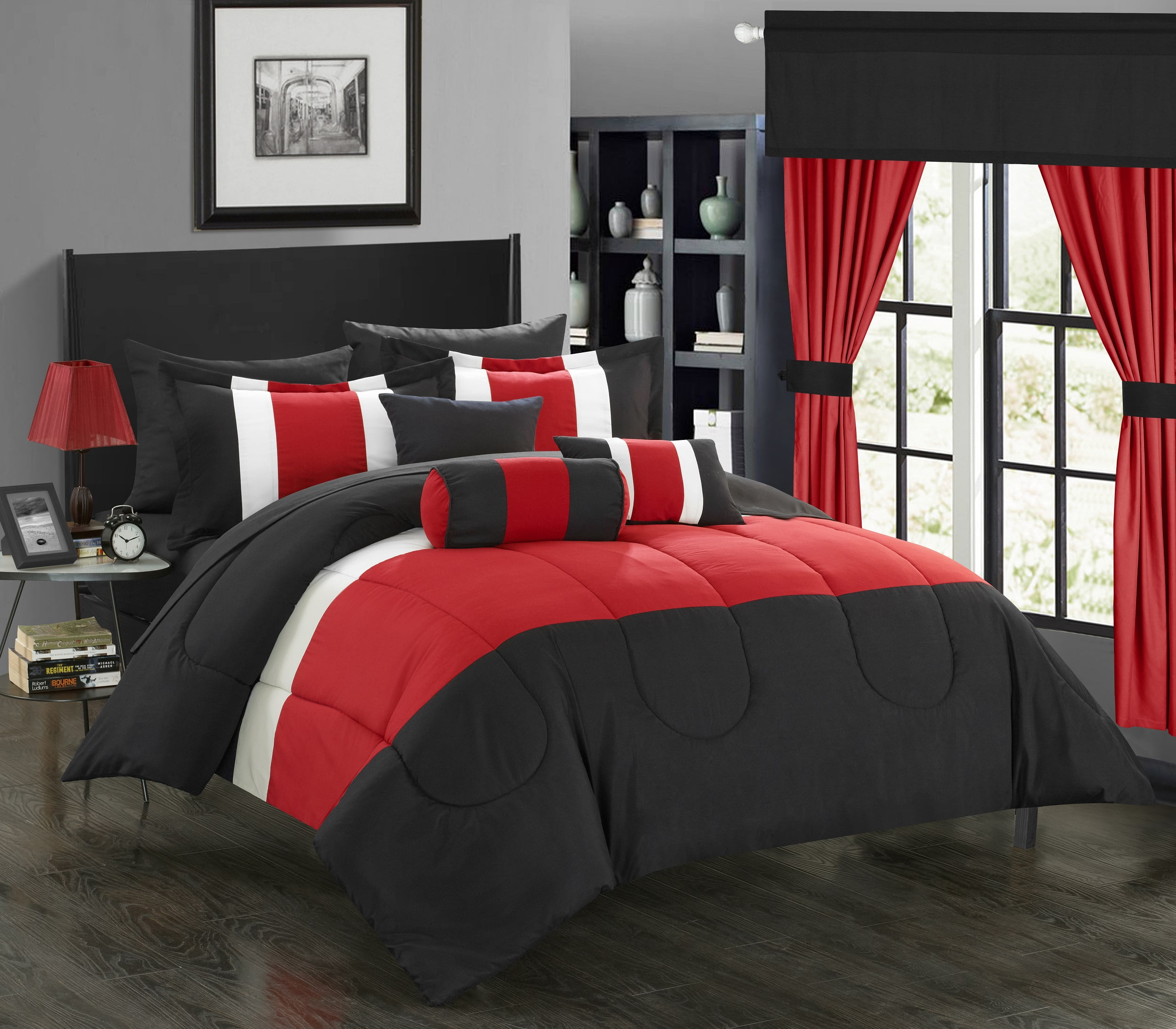 Chic Home Whitehall 20Piece Color Block Comforter Set, Queen, Red