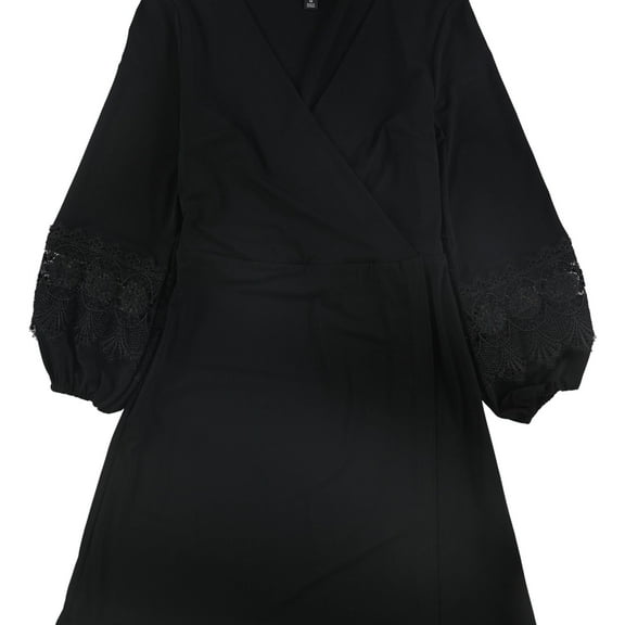 I.N.C Womens Crochet-Sleeve Wrap Dress, Black, X-Small