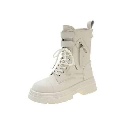 

SIMANLAN Women Winter Boots Platform Combat Boot Lace Up Booties Ladies Waterproof Shoes Womens Lug Sole Beige 4.5