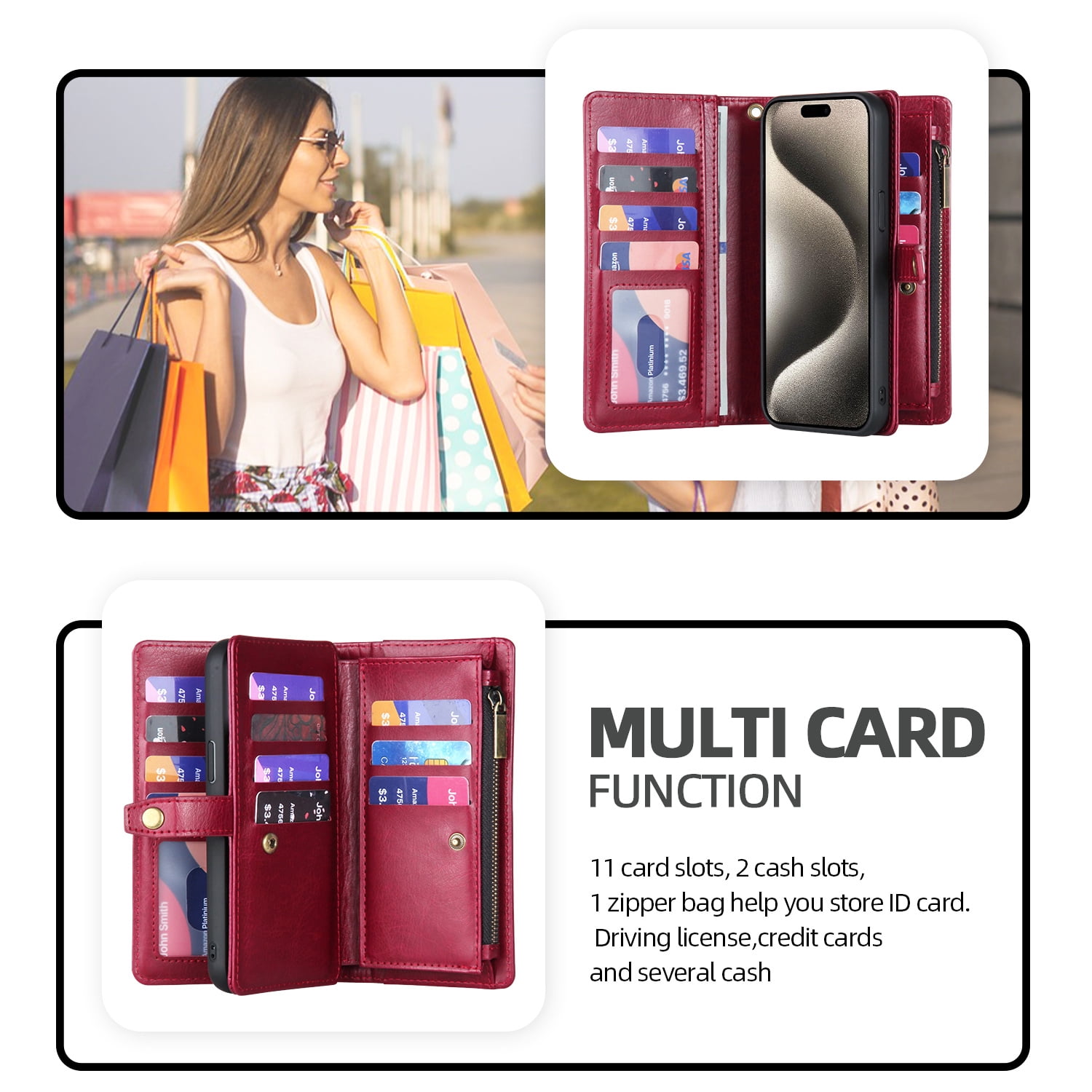 2 In 1 Wallet Phone Case for Apple iPhone 13 Pro Max, Detachable Magnetic Back Cover with Cards Holder Zipper Pocket Hand Wrist RFID Blocking Snap Closure Shockproof Case for iPhone 13 Pro Max, Red