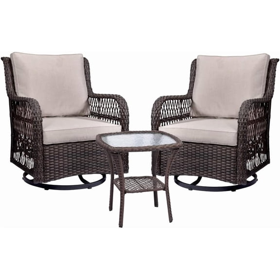 Patio Furniture 3Pcs Outdoor Patio Swivel Rocking Chair Sets, 360 Degree Swivel Rocking Chairs Set of 2 and Matching Side Table, Wicker Patio Bistro Set with Premium Fabric Cushions Beige