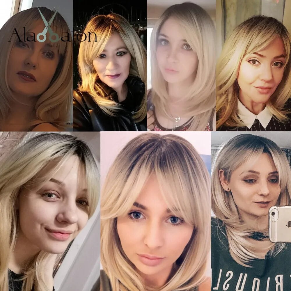 SUCS Long Blonde Wigs for Women Synthetic Hair Wig with Fringe Ombre Color with Dark Roots Layered Wigs Heat Resistant