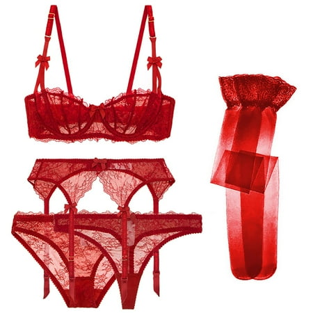 

Varsbaby Women s Lace Unlined Balconette Bra set Bra and Panties and Garter and Stocking 5 piece