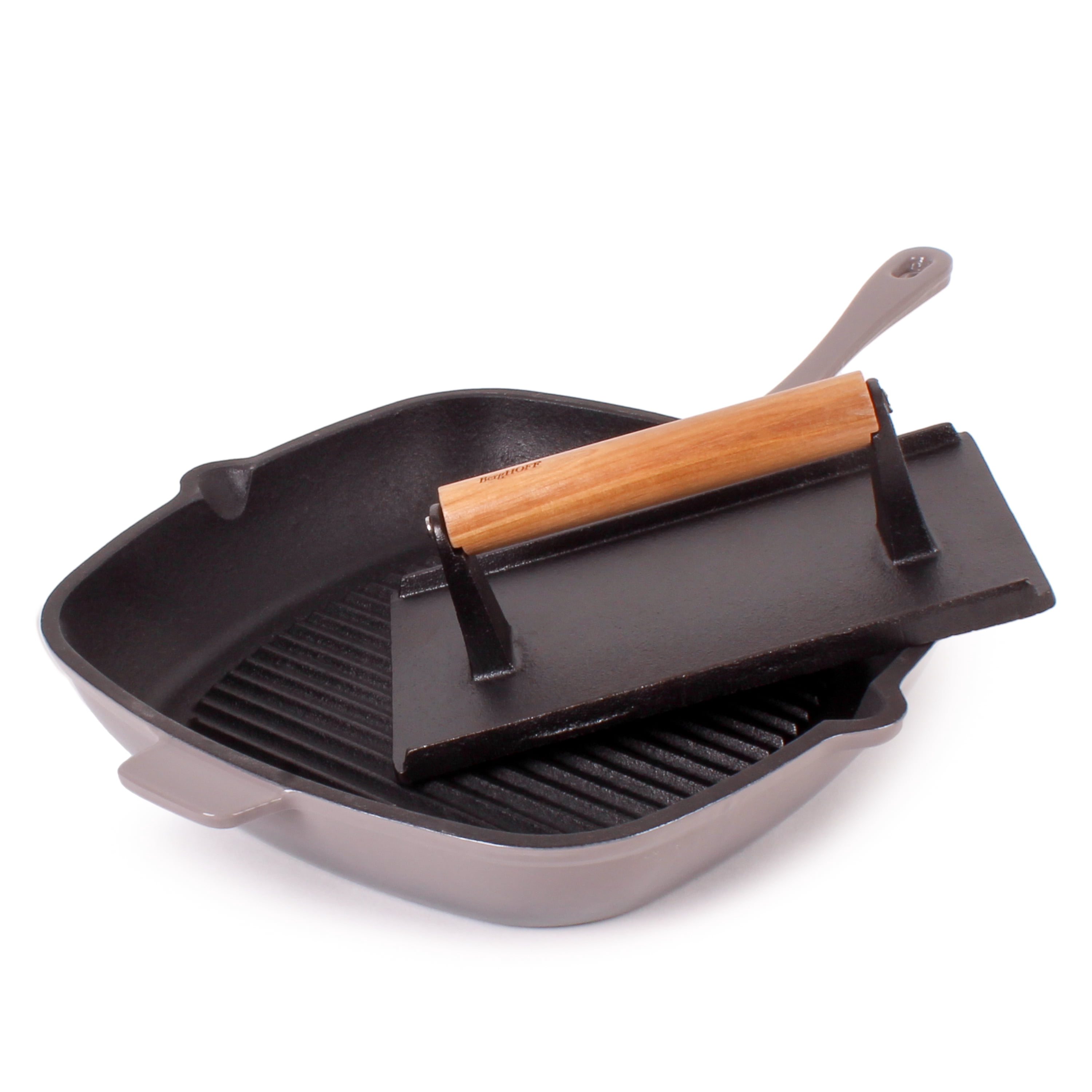 BergHOFF Neo 2pc Cast Iron 11" Grill Pan with Steak Press, Oyster