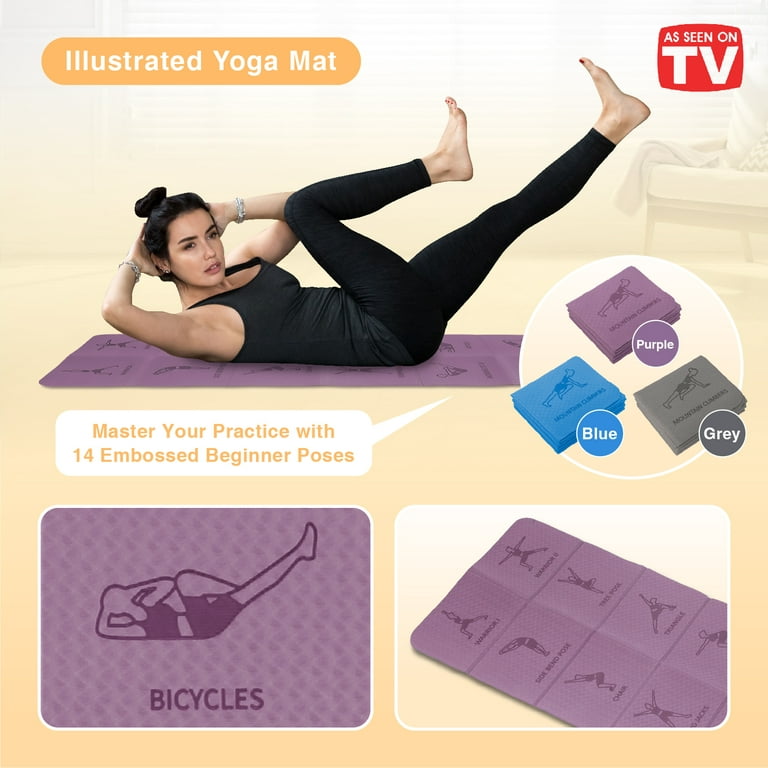Foldable Yoga Mat - Illustrated 14 Embossed Poses, Square Folding Travel  Firness & Exercise Mat as seen on TV, Perfect Storage, Pilates, Home  Workout 