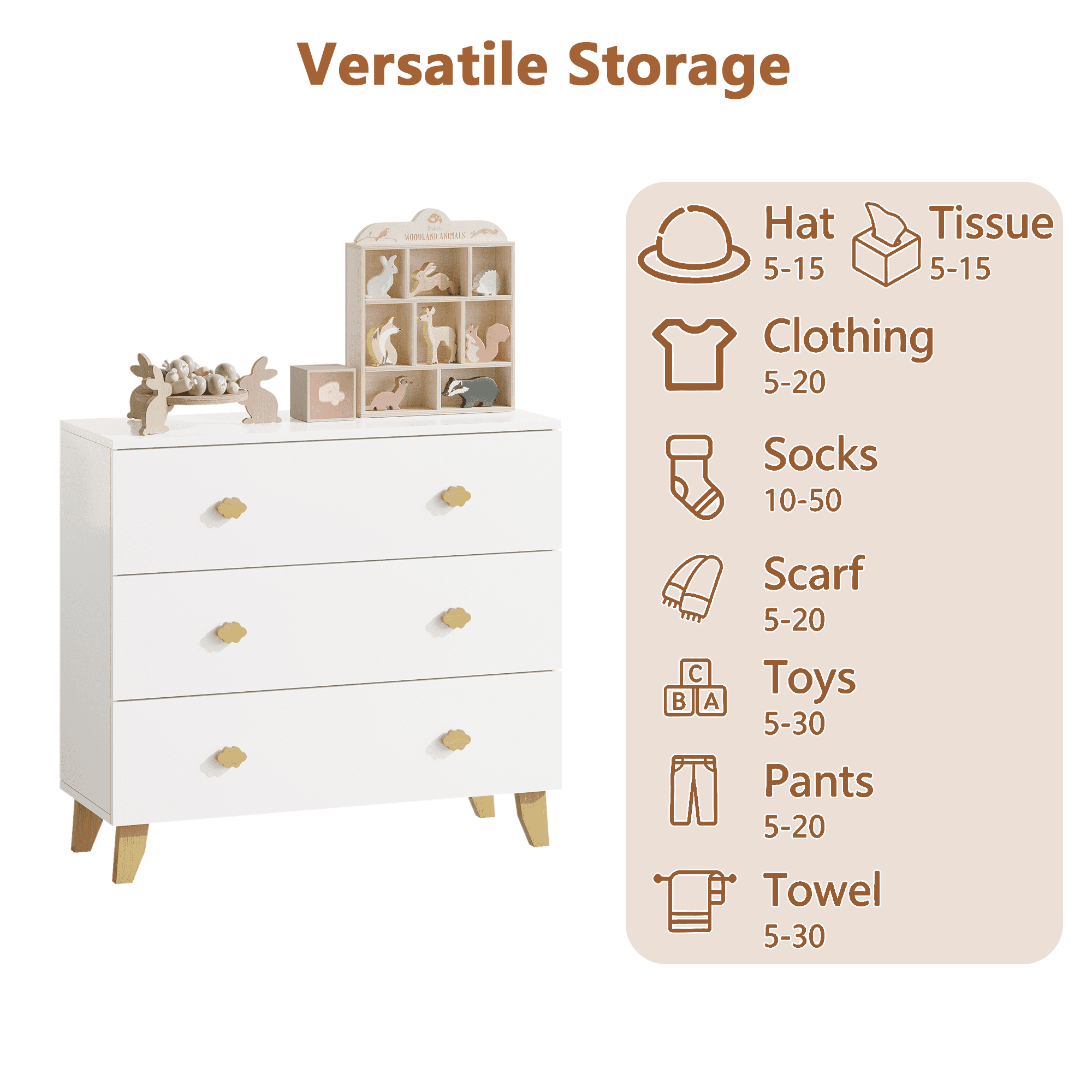HOQBN 3 Drawer Dresser for Bedroom,Wooden Chest of Drawers Storage Cabinet for Kids Room,Nursery,Living Room,White