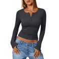 thumbnail image 2 of Women'S Long Sleeve Shirts Henley Casual Fall Outfits Fitted Tops Ribbed Fashion Basic Tees Dark Gray XL, 2 of 8