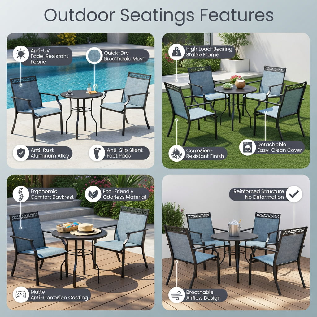 Hommoo 2-Piece Outdoor Patio Chairs Set, All-Weather Breathable Blue Fabric with Steel Frame, Poolside & Lawn Ready, Blue