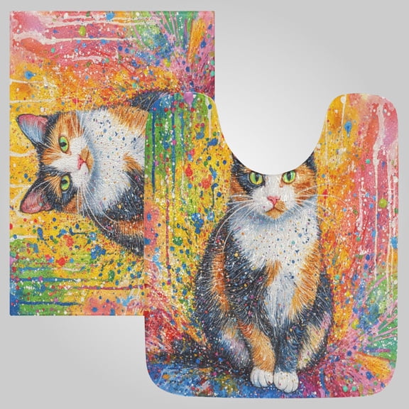 RMDQTR 2PCs Bathroom Rugs Set Plush Toilet Base Mat 16" × 24" Bath Mat and 20" × 24" U Shape Soft Rugs Non Slip Absorbent Rainbow Splatter Calico Cat