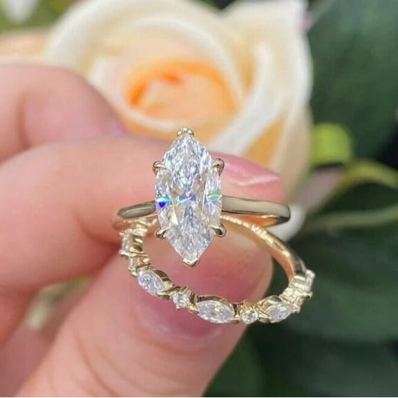 Bluebell Jewels 3 CTW Marquise Cut CZ Bridal Wedding Ring Sets 14K Yellow Gold Plated