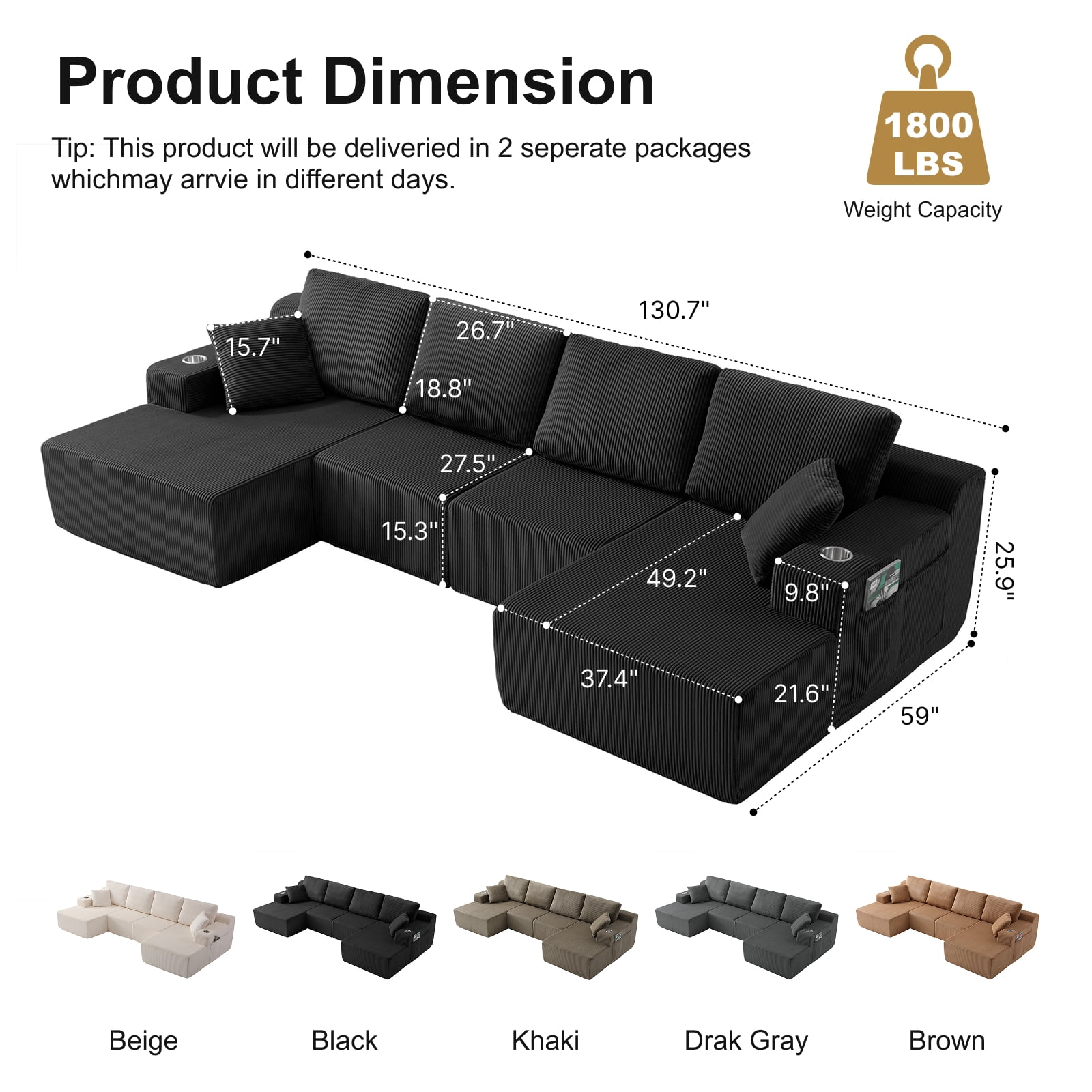 130" U-Shaped Boneless Modular Sectional Sofa with Chaise, 6 Pillows and Cup Holders