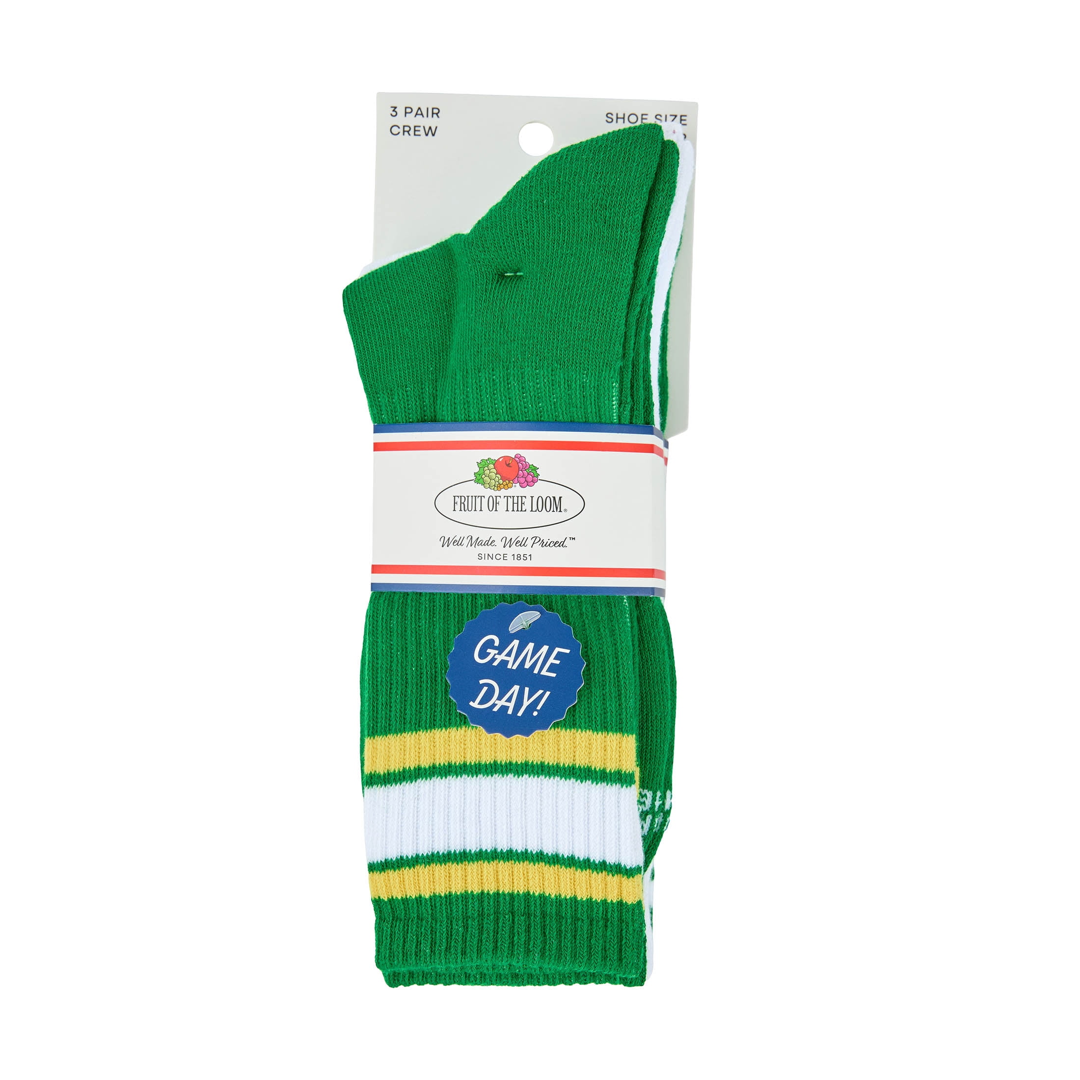 Fruit of the Loom Mens Gameday Crew Socks, 3-Pack, Sock Sizes 6-12
